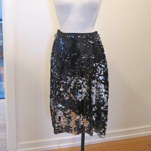 NWT Manoush Black Sequin Embellishments Knee Length Skirt W Front Flap, Size 8